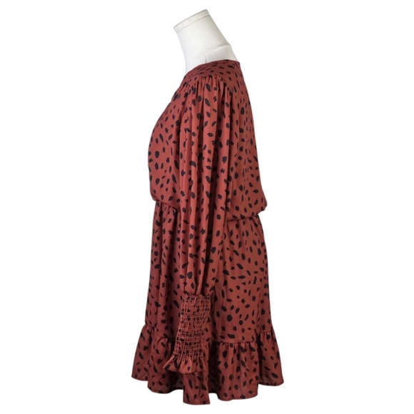 Peach Love CA Rust Animal Print Ruffle Mini Dress Long Sleeve Size M USA - Picture 3 of 7